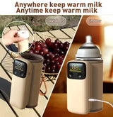 Rechargeable Portable Baby Bottle Warmer keeping milk warm outdoors and indoors with a digital display.