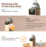 Instructions for using a rechargeable portable baby bottle warmer, demonstrating steps to warm milk easily.